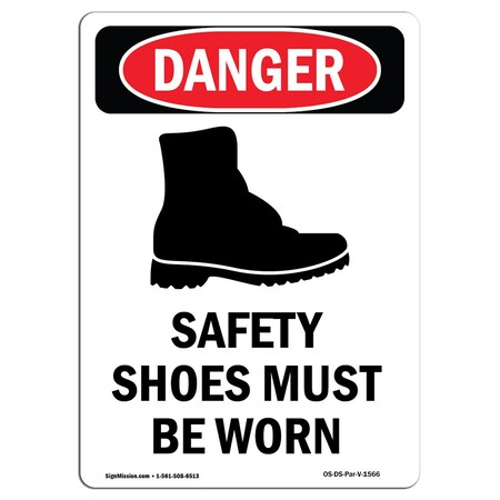 Signmission OSHA Danger Sign, Safety Shoes Must Be Worn, 14in X 10in Decal, 10" W, 14" H, Portrait OS-DS-D-1014-V-1566